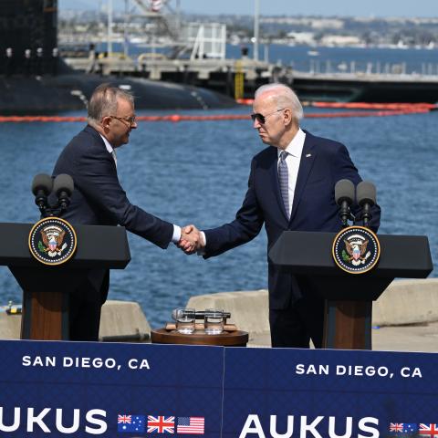 President Joe Biden and Prime Minister Anthony Albanese shake hands at Naval Base Point Loma in San Diego, California, on March, 13, 2023. (Photo by Tayfun Coskun/Anadolu Agency via Getty Images)