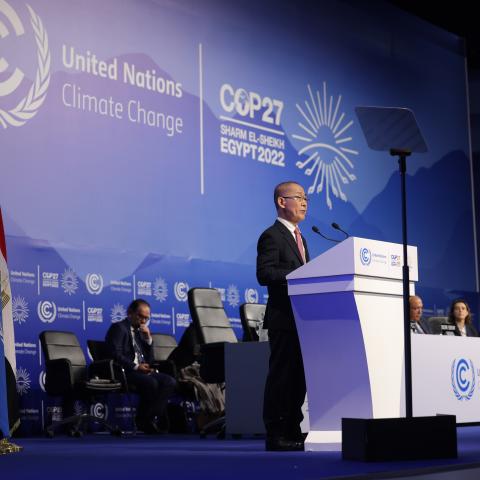 Hoesung Lee Chair of the Intergovernmental Panel on Climate Change speaks on the first day of the UNFCCC COP27 climate conference on November 6, 2022, in Sharm El Sheikh, Egypt. (Sean Gallup via Getty Images)