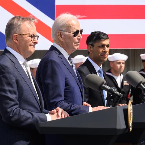 Australian Prime Minister Anthony Albanese, United States President Joe Biden, and British Prime Minister Rishi Sunak hold a press conference after a trilateral meeting during the AUKUS summit on March 13, 2023, in San Diego, California. (Leon Neal via Getty Images)