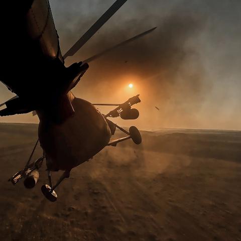 Missiles are launched from a helicopter of Ukraine’s 18th Army Aviation Brigade on September 19, 2023, in Donetsk, Ukraine. (Libkos via Getty Images)