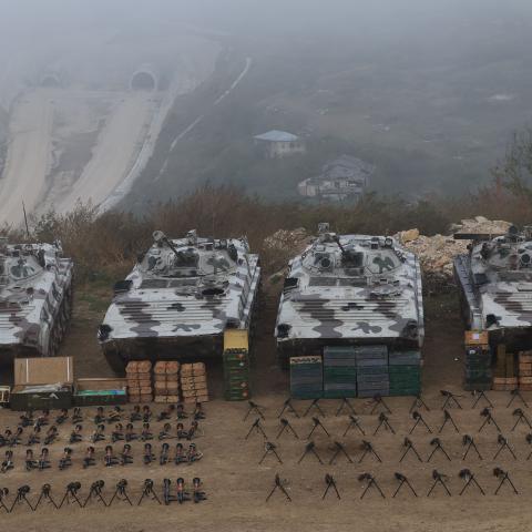 Weapons, vehicles, and other military equipment captured by the Azerbaijani army in Signag, Azerbaijan. (Photo by Emmanuel Dunand/AFP via Getty Images)