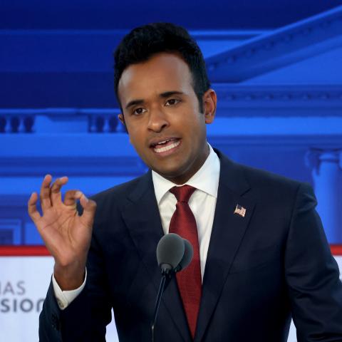 Republican presidential candidate Vivek Ramaswamy during the FOX Business Republican Primary Debate at the Ronald Reagan Presidential Library on September 27, 2023, in Simi Valley, California. (Justin Sullivan via Getty Images)