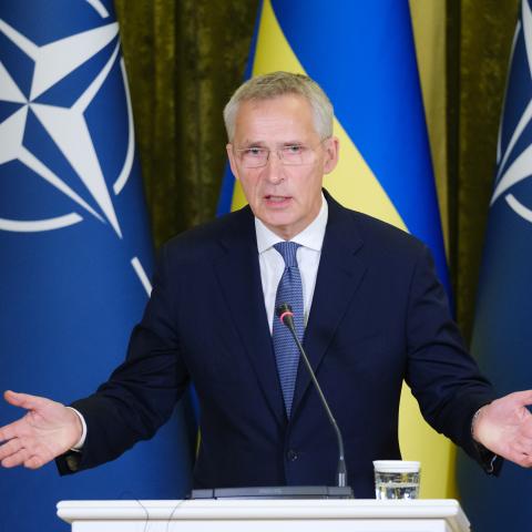 Secretary General of NATO Jens Stoltenberg during a meeting with President Volodymyr Zelenskyy on September 28, 2023, in Kyiv, Ukraine. ( Vitalii Nosach/Global Images Ukraine via Getty Images)