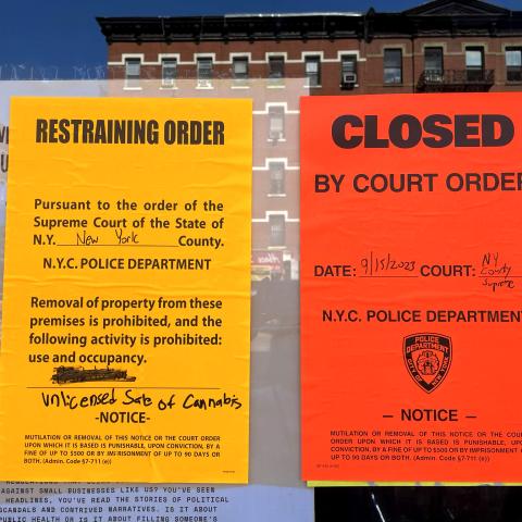 A court restraining order closes a smoke shop for selling cannabis illegally in New York City. (Deb Cohn-Orbach via Getty Images)