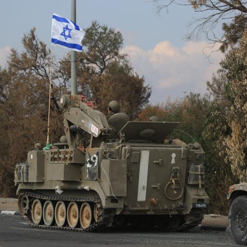 An Israeli armored vehicle near the Gaza border in Sderot, Israel, on October 16, 2023. (Photo by Saeed Qaq/Anadolu via Getty Images)