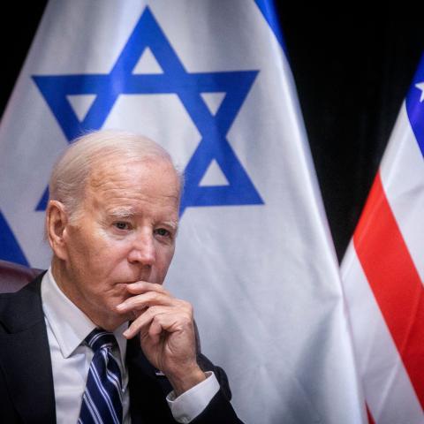 US President Joe Biden joins Israel's Prime Minister for the start of the Israeli war cabinet meeting in Tel Aviv on October 18, 2023. (Miriam Alster/POOL/AFP via Getty Images)