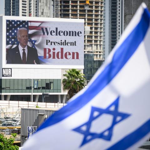 A digital billboard welcomes US President Joe Biden to Israel on October 18, 2023, in Tel Aviv, Israel. (Leon Neal via Getty Images)