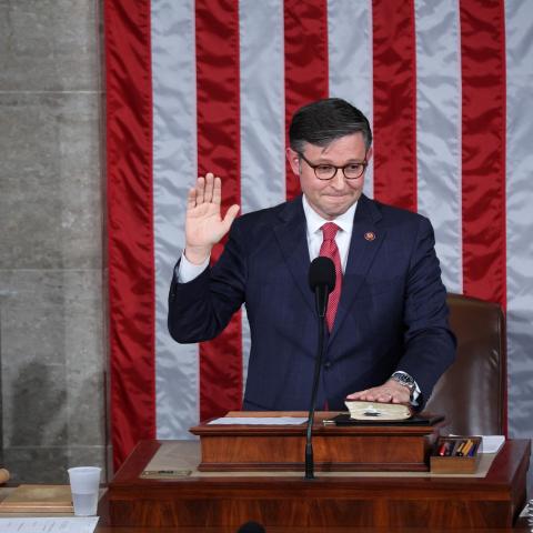 Newly elected US House Speaker Mike Johnson is sworn in at the US Capitol in Washington, DC, on October 25, 2023. (Tome Brenner/AFP via Getty Images)