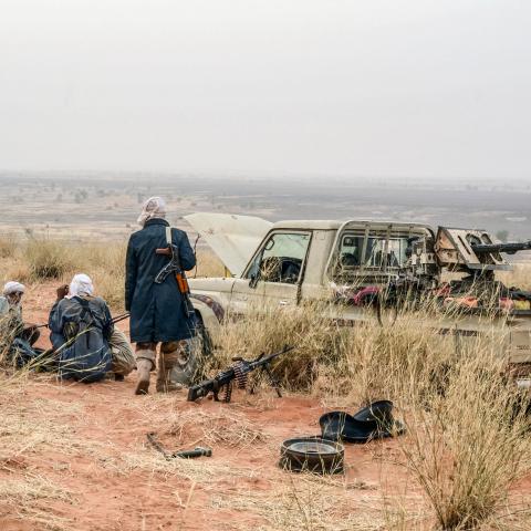Militants of The Movement for the Salvation of Azawad stand on a dune in the deserted area of the Meneka region in Mali during an anti jihadist patrol on February 4, 2018. (Souleymane Ag Anara/AFP via Getty Images)