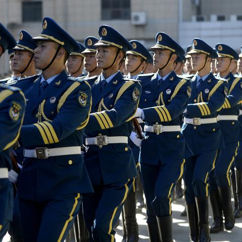People's Liberation Army Air Force members march during a welcome ceremony in honor of Air Force Chief of Staff Gen. Mark A. Welsh III, hosted by PLAAF Commander Gen. Ma Xiaotian in Beijing, China, Sept. 25, 2013. Welsh, along with Gen. Herbert "Hawk" Carlisle and Chief Master Sgt. of the Air Force James A. Cody, will visit with various military leaders as part of a weeklong trip. (U.S. Air Force photo/Scott M. Ash)