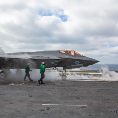 An F-35C Lightning II prepares to launch from the flight deck of the aircraft carrier USS Abraham Lincoln in Mirmar, California, on November 7, 2021. (Charles Allen via DVIDS)