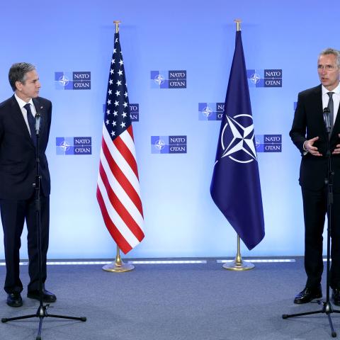 United States Secretary of State Antony Blinken and NATO's chief Jens Stoltenberg hold a press conference on April 14, 2021, at NATO's headquarters in Brussels. (Kenzo Tribouillard/POOL/AFP via Getty Images) 