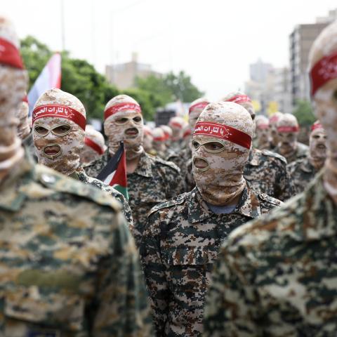 Islamic Revolutionary Guard Corps (IRGC) members march during the annual anti-Israel Al Quds Day rally in Tehran, Iran, on April 29, 2022. (Photo by Sobhan Farajvan/Pacific Press/LightRocket via Getty Images)