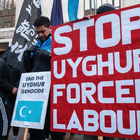 Campaigners from London's Uyghur community protest opposite the Chinese embassy against continued human rights violations by the Chinese government on December 10, 2022, in London, United Kingdom. (Mark Kerrison/In Pictures via Getty Images)