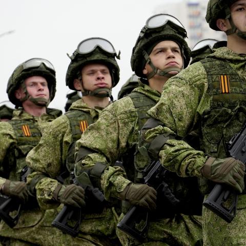 Servicemen march during the Victory Day military parade in Rostov-on-Don on May 9, 2023. (Stringer/AFP via Getty Images)