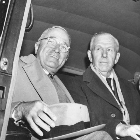 President Harry S. Truman with Secretary of State George C. Marshall on November 22, 1948. (Photoquest via Getty Images)