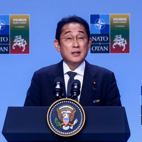 Japanese Prime Minister Fumio Kishida attends the NATO summit in Vilnius, Lithuania, on July 12, 2023. (Beata Zawrzel/NurPhoto via Getty Images)