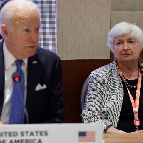 Treasury Secretary Janet Yellen as President Joe Biden speaks during a session of the G20 Leaders' Summit at the Bharat Mandapam in New Delhi on September 9, 2023. (Ludovic Marin / POOL / AFP via Getty Images)