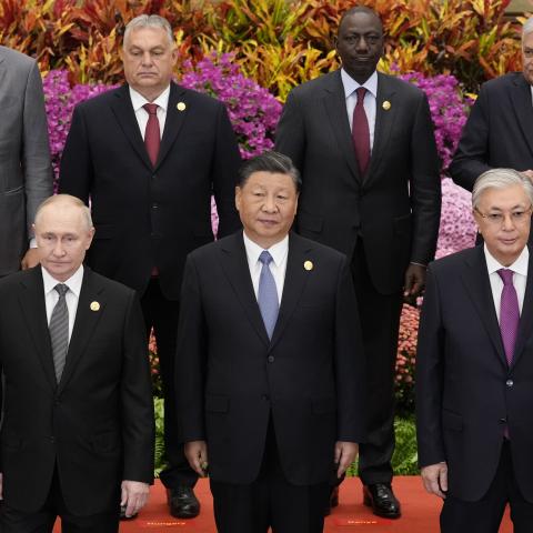 Russian President Vladimir Putin, Chinese President Xi Jinping, and Kazakhstan President Kassym-Jomart Tokayev pose for a group photo with other leaders at the Third Belt and Road Forum on October 18, 2023, in Beijing, China. (Suo Takekuma/Pool via Getty Images)