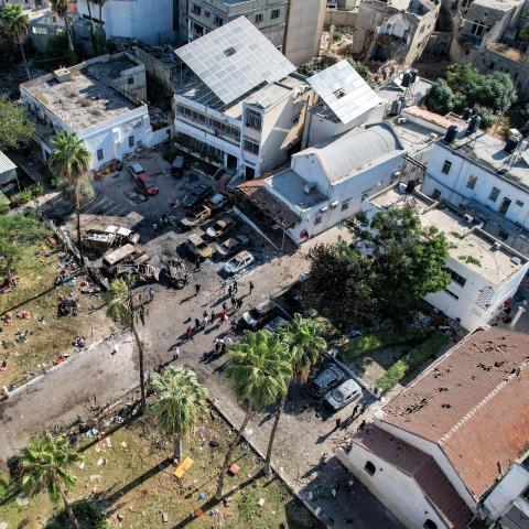 An aerial view of the complex housing the Ahli Arab hospital in Gaza City on October 18, 2023, in the aftermath of an overnight blast. (Shadi Al-Tabatibi/AFP via Getty Images)