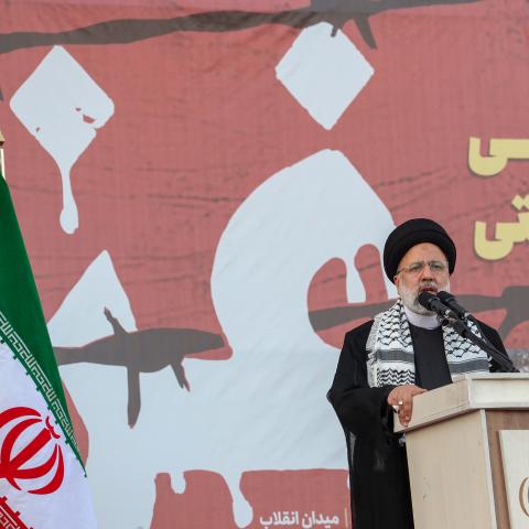 Iranian President Ebrahim Raisi speaks during a protest in support of Palestinians in Gaza at the Enqelab-e-Eslami square (Islamic Revolution square) on October 18, 2023 in Tehran, Iran. Palestinian officials have said that up to 500 people were killed in an alleged Israeli air strike yesterday at the Ahli Arab Hospital in Gaza City. Israeli officials have suggested that the explosion was caused by a misfired rocket by Palestinian militants. The explosion has sparked strong condemnation, provoking demonstra