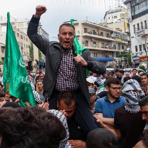 Palestinians in Ramallah, West Bank, on November 1, 2023, chant slogans in support of the people in the Gaza Strip amid ongoing battles between Israel and Hamas. (Zain Jaafar/AFP via Getty Images)