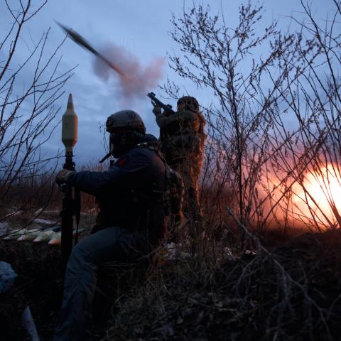 The Ukrainian military fires RPGs at enemy positions as the special military unit "Kurt & Company group" hold the first line of the frontline Russian-Ukrainian war on November 3, 2023, in Bakhmut District, Ukraine. (Kostya Liberov/Libkos via Getty Images)