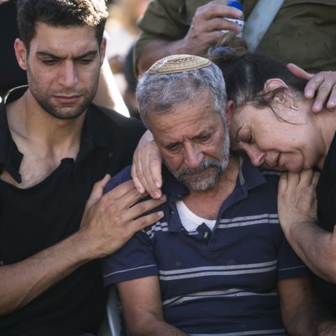 Family and friends attend the funeral of an Israeli soldier who was killed in the Gaza war on November 8, 2023. (Amir Levy via Getty Images)