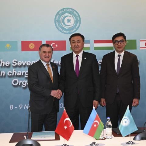 Turkish Minister Osman Askin Bak with his Azerbaijani counterpart Farid Gayibov and Secretary General of the Organization of Turkic States (OTS Kubanychbek Omuraliev during the Seventh Working Group Meeting of the OTS in Basgal, Azerbaijan, on November 9, 2023. (Ahmet Izgi/Anadolu via Getty Images)