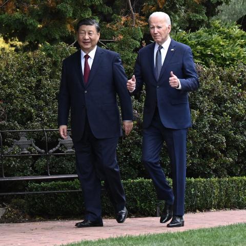 United States President Joe Biden and Chinese President Xi Jinping walk together after a meeting during the Asia-Pacific Economic Cooperation (APEC) Leaders' week in Woodside, California, on November 15, 2023. (Brendan Smialowski/AFP via Getty Images)
