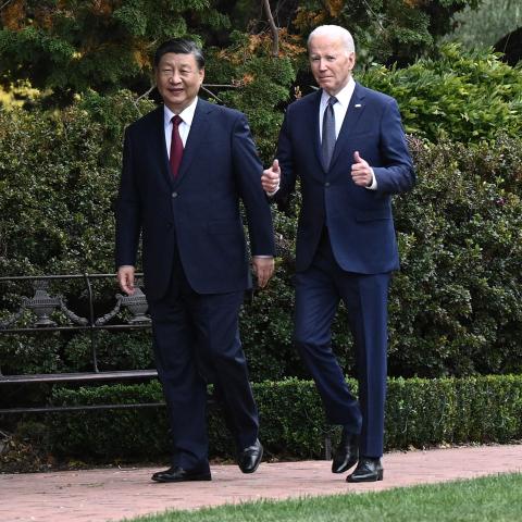 President Joe Biden and Chinese President Xi Jinping after a meeting during the Asia-Pacific Economic Cooperation Leaders' week in Woodside, California, on November 15, 2023. (Brendan Smialowski/AFP via Getty Images)