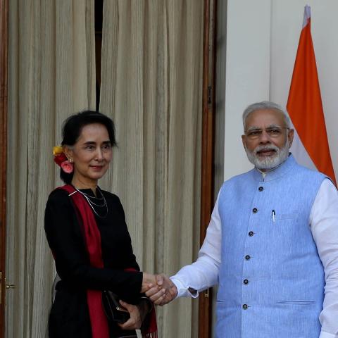 Indian Prime Minister Narendra Modi welcomes Myanmar's then State Counsellor Aung San Suu Kyi at Hyderabad House in New Delhi, India, October 19, 2016. (Imtiyaz Khan/Anadolu Agency via Getty Images)