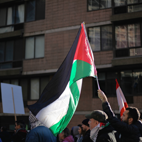 A demonstrator waving the Palestinian flag during a march in Montreal on October 28, 2023. (Wikimedia Commons)