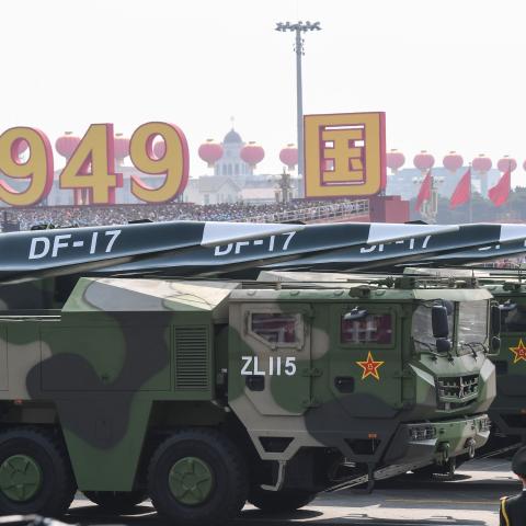 Military vehicles carrying DF-17 missiles participate in a military parade in Tiananmen Square in Beijing on October 1, 2019, to mark the seventieth anniversary of the founding of the People’s Republic of China. (Greg Baker/AFP via Getty Images)