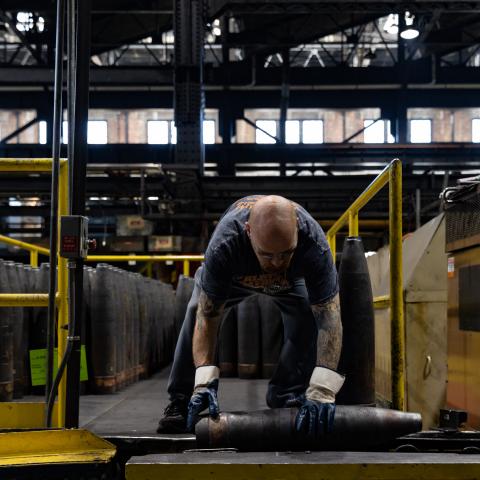 155mm artillery shells in the production shop at the Scranton Army Ammunition Plant on April 12, 2023, in Scranton, Pennsylvania. (Hannah Beier via Getty Images)