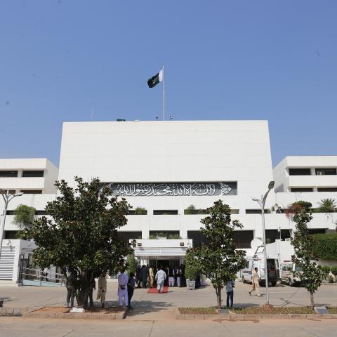 A view of the Parliament House as Finance Minister Ishaq Dar unveils the annual fiscal year budget in Islamabad, Pakistan, on June 9, 2023. (Muhammad Reza/Anadolu Agency via Getty Images)