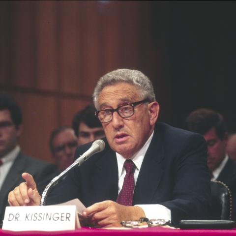 Former United States Secretary of State Henry Kissinger testifies before the US Senate Select Committee in Washington DC, September 22, 1992. (Ron Sachs/CNP via Getty Images)