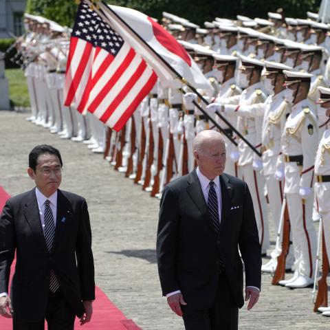 President Joe Biden reviews an honor guard with Japanese Prime Minister Fumio Kishida at the Akasaka State Guest House on May 23, 2022, in Tokyo, Japan. (Eugene Hoshiko via Getty Images)