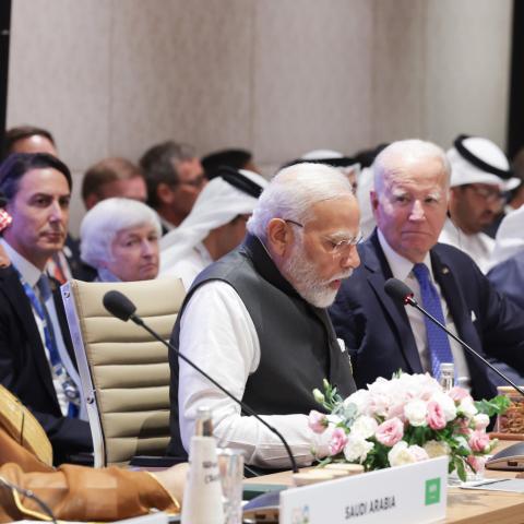 Indian Prime Minister Narendra Modi and United States President Joe Biden at Bharat Mandapam in New Delhi, India, on September 9, 2023. (Press Information Bureau/Handout/Anadolu Agency via Getty Images)