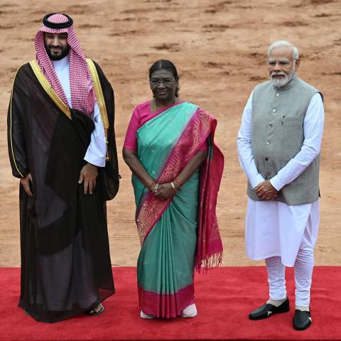 Indian President Droupadi Murmu along with India's Prime Minister Narendra Modi and his Saudi Arabian counterpart and Crown Prince Mohammed bin Salman in New Delhi on September 11, 2023. (Money Sharma/AFP via Getty Images)
