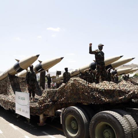 Yemen's Houthi group held a military parade commemorating the 9th anniversary of their takeover of the capital Sana'a on September 21, 2023 in Sana'a, Yemen. (Mohammed Hamoud via Getty Images)