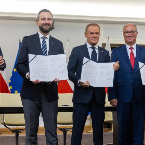 Szymon Holownia, Wladyslaw Kosiniak-Kamysz, Donald Tusk, Wlodzimierz Czarzasty, and Robert Biedron during the signing of the coalition agreement regarding the tasks of establishing a new government in Warsaw, Poland, on November 10, 2023. (Andrzej Iwanczuk/NurPhoto via Getty Images)