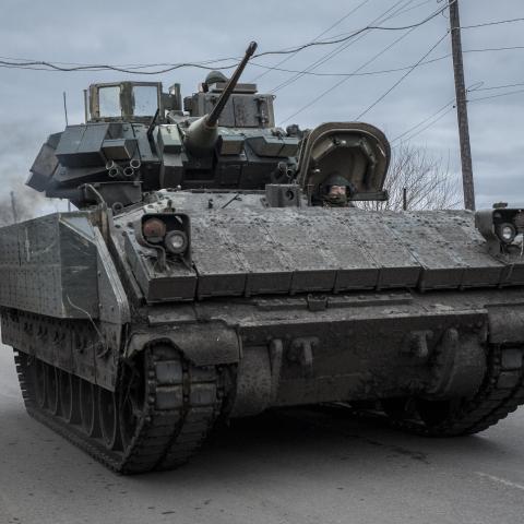 Ukrainian soldiers patrol with a Bradley Fighting vehicle as the Russia-Ukraine war continues in Avdiivka, Donbas, Ukraine, on December 4, 2023. (Marek M. Berezowski/Anadolu via Getty Images)