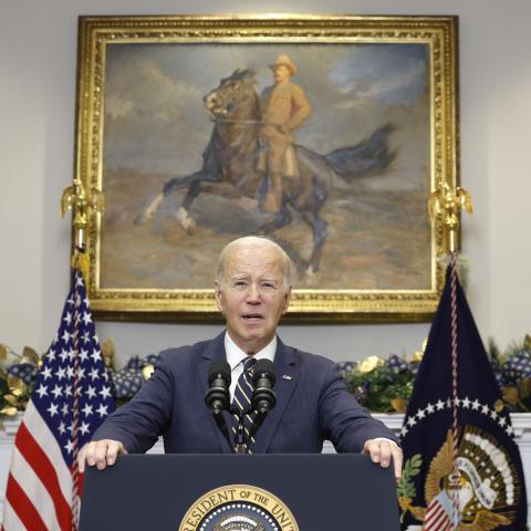 US President Joe Biden delivers a statement urging Congress to pass his national security supplemental from the Roosevelt Room at the White House on December 6, 2023, in Washington, DC. (Anna Moneymaker via Getty Images)