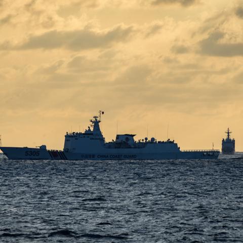 A Philippine Coast Guard vessel and Filipino military personnel stationed in the Spratlys on December 10, 2023, in Palawan, Philippines. (Jes Aznar via Getty Images)