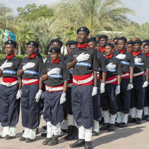 Leadership from Camp Lemonnier and Combined Task Force-Horn of Africa attend a graduation ceremony and skills demonstration for the Somalian Police Force at the Djibouti Police Academy on April 9, 2019. (Joe Rullo via DVIDS)