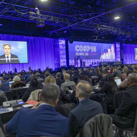Secretary of State Antony Blinken speaks via a video during the ceremonial opening of the tenth session of the Conference of the States Parties (CoSP10) to the United Nations Convention against Corruption on December 11, 2023. (United Nations Information Service Vienna via Flickr)