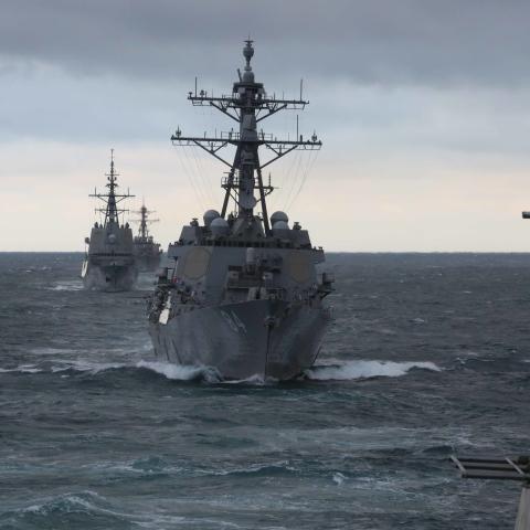 The Arleigh Burke-class guided-missile destroyer USS McFaul participates in a multinational military exercise with NATO allies as part of the Gerald R. Ford Carrier Strike Group on October 5, 2022. (Kerri Kline via DVIDS)