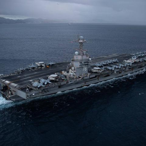 The world's largest aircraft carrier USS Gerald R. Ford transits the Strait of Gibraltar on January 5, 2024. (Jacob Mattingly via DVIDS)