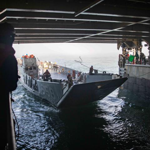 Landing Craft Utility 1659 enters the well deck of the Whidbey Island-class dock landing ship USS Gunston Hall in the Atlantic Ocean on January 26, 2024. (Danielle Serocki via DVIDS)